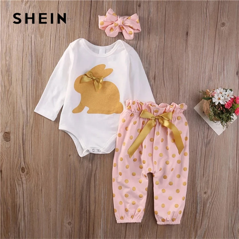 

SHEIN Kiddie Toddler Girls Rabbit Print Jumpsuit And Pants With Headband Clothes Suit 2019 Long Sleeve Bow Casual Kids Sets