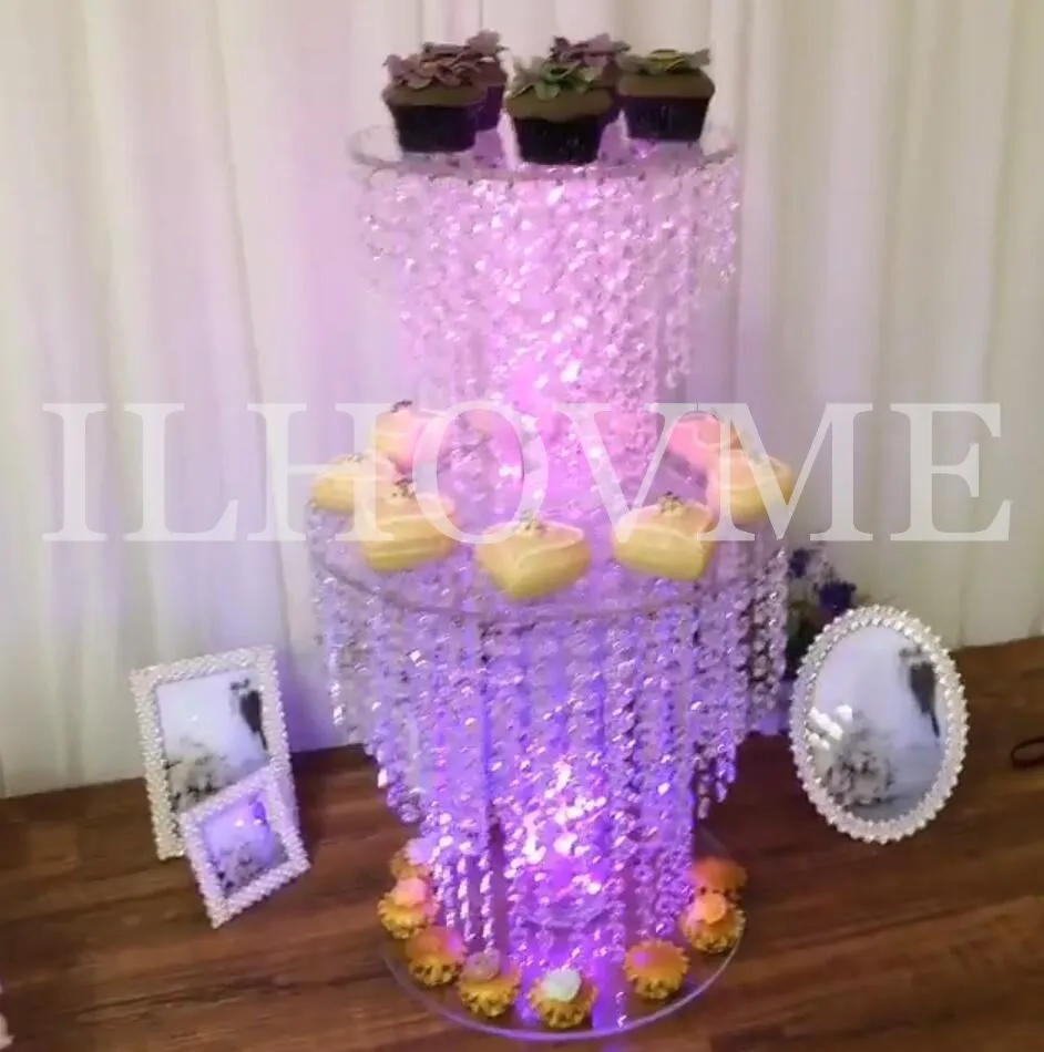 Luxurious Crystal Bead Chain Acrylic Cake Stand Wedding Cake Stand With Light Line(No AA Battery) Wedding Centerpiece Display