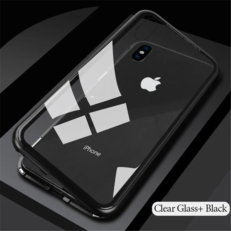 Metal Magnetic Case for iPhone X 7 8 XS MAX XR 6 Metal Bumper+ Back Tempered Glass Cover for Samsung S10 Plus S9 S8 Note 9 8