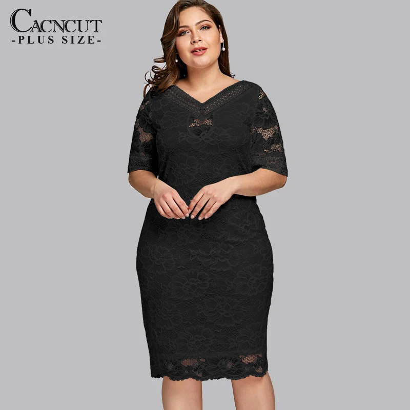 

XL-5XL 2019 Autumn Plus size Lace Dress Hollow Out Women Elegant V Neck Office Bodycon Dress Lady Sexy Large Size Party Vestidos