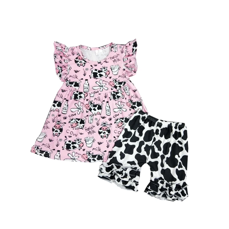 

summer beautiful pink lovely cows animal Boutique Outfits hollow sleeve baby girls dress set