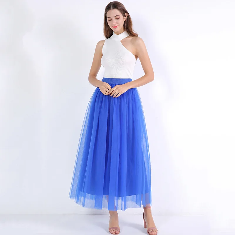 Фатиновая юбка-пачка полной длины с эластичным поясом; юбка принцессы для подружки невесты; 4 слоя юбки длиной до пола для взрослых; 100 см - Цвет: royal blue