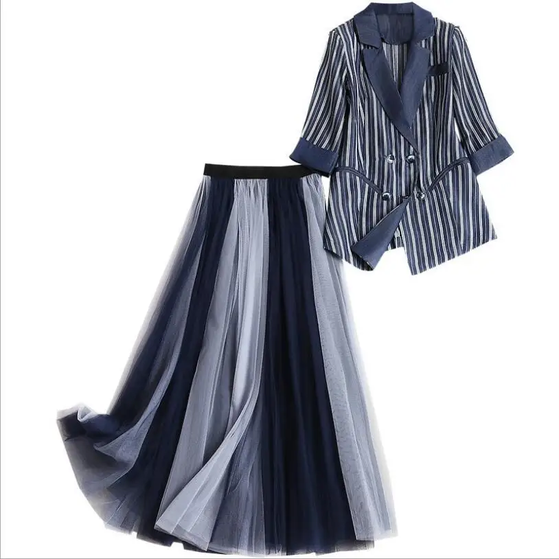 

Top Grade Designer Clothing Suits 2019 Spring Women Lapel Stripe Jacket Suit Blazer+Long Mesh Skirt Sets