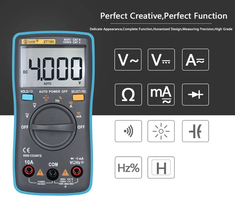 BSIDE Цифровой мультиметр ZT98 ZT100 4000 отсчетов задний светильник AC/DC Напряжение Амперметр Вольтметр Ом тестер Частота Диод метр DMM