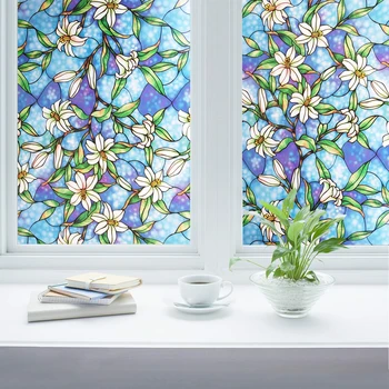 

Multi-size self-adhesive blue floral home decoration window glass film, electrostatic adsorption tinted privacy glass stickers