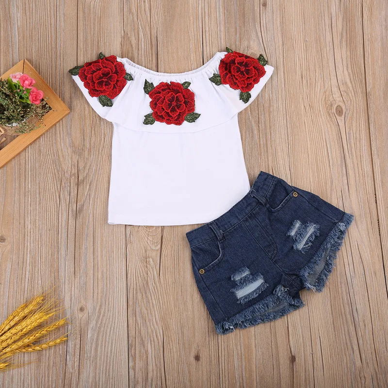 Комплект одежды из 2 предметов для маленьких девочек, топы с короткими рукавами, рубашка, джинсовые шорты, повседневная одежда