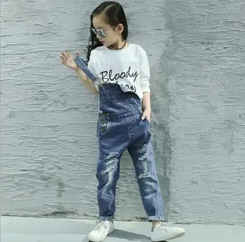 

Spring Autumn 2018 Toddler Girls Denim Overalls For Girls Jumpsuits Romper Trousers Kids Baby Cotton Dungarees Jeans Holes 4-17T