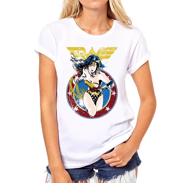 2016 Mujer Maravilla impresión Sexy camiseta moda Punk Tops impreso mujeres camiseta Camisetas femeninas mujeres Top Camisetas tamaño europeo