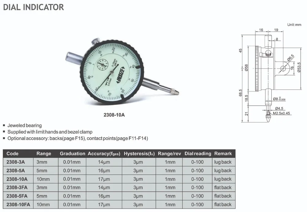 2308-3A диапазон Insize 3 мм циферблат индикатор ЧПУ измерительные инструменты