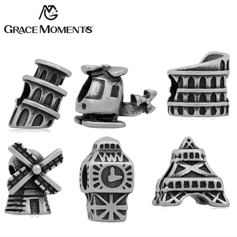 

5Pcs/Lot GRACE MOMENTS Stainless Steel Big Hole Beads World Famous Traveling Landmarks Charm Beads For Bracelet DIY Jewelry