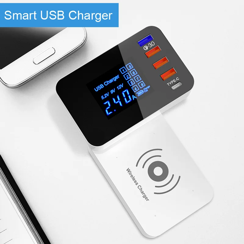 

QI Wireless Charger Quick Charge 3.0 Smart USB Type C Charger Station Led Display Fast Charging Power Adapter Desktop Charger