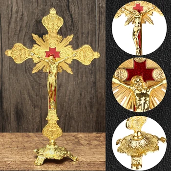 

Golde Church Relics Figurines Crucifix Jesus Christ On The Stand Cross Wall Crucifix Antique Home Chapel Decoration Wall