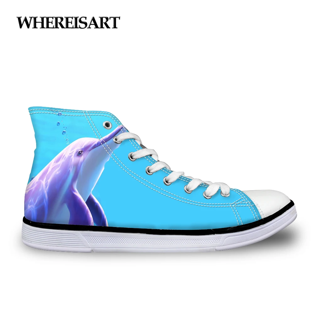 

WHEREISART Blue Dolphin Printed Women High-top Vulcanize Shoes Spring Fashion Classic High Top Canvas Shoes for Female Leisure