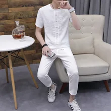 Мужские пижамы, летние хлопковые пижамы с коротким рукавом, брюки, льняная одежда для сна, тонкий мужской Пижамный комплект для сна и отдыха