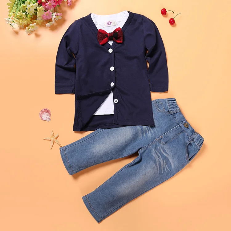 Коллекция года, модная детская одежда для мальчиков Комплекты из 3 предметов, джинсы+ футболка+ пальто, детская повседневная одежда для мальчиков джентльменский костюм