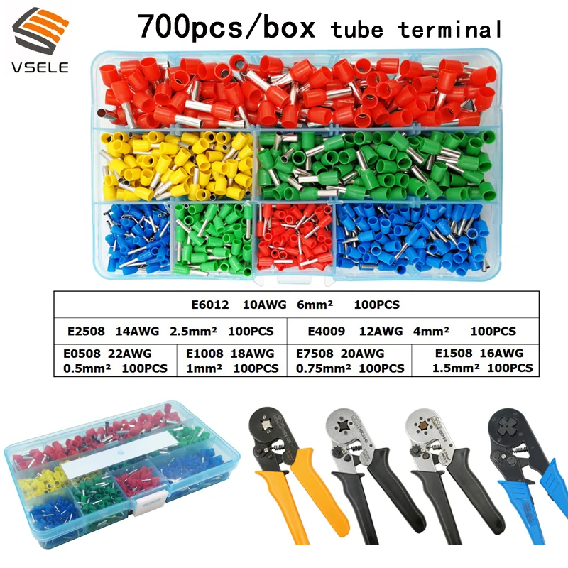 

Tube terminal box 700/1020/2000pcs/box E0508 E1008 E7508 E1508 E2508 E4009 E6012 and HSC8-10S/6-4B/6-6/16-4 crimping pliers set