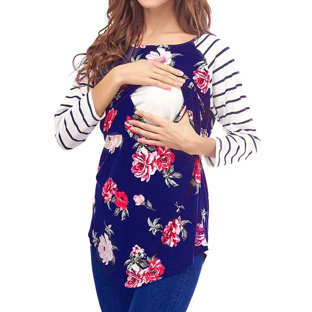Women Mom Pregnant Nursing Maternity Long Sleeved Striped Floral Print Blouse Clothes Multi-Functional Breastfeeding Clothes