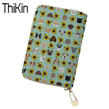 

THIKIN Travel Credit Passport Card Bags for Women Dogs Sunflower Printing PU Card Wallets Ladies Large Capacity ID Card Cases