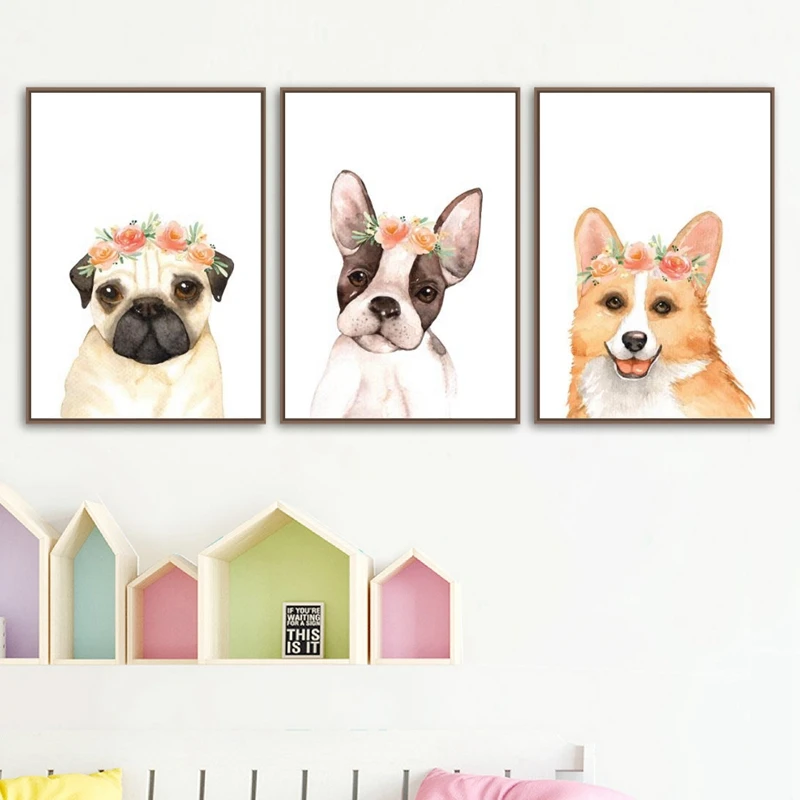 Nursery Puppy Dog Canvas Art Prints Floral Crown Dog Poster Pug Corgi Boston Terrier Canvas Painting Wall Pictures Home Decor Painting Calligraphy Aliexpress
