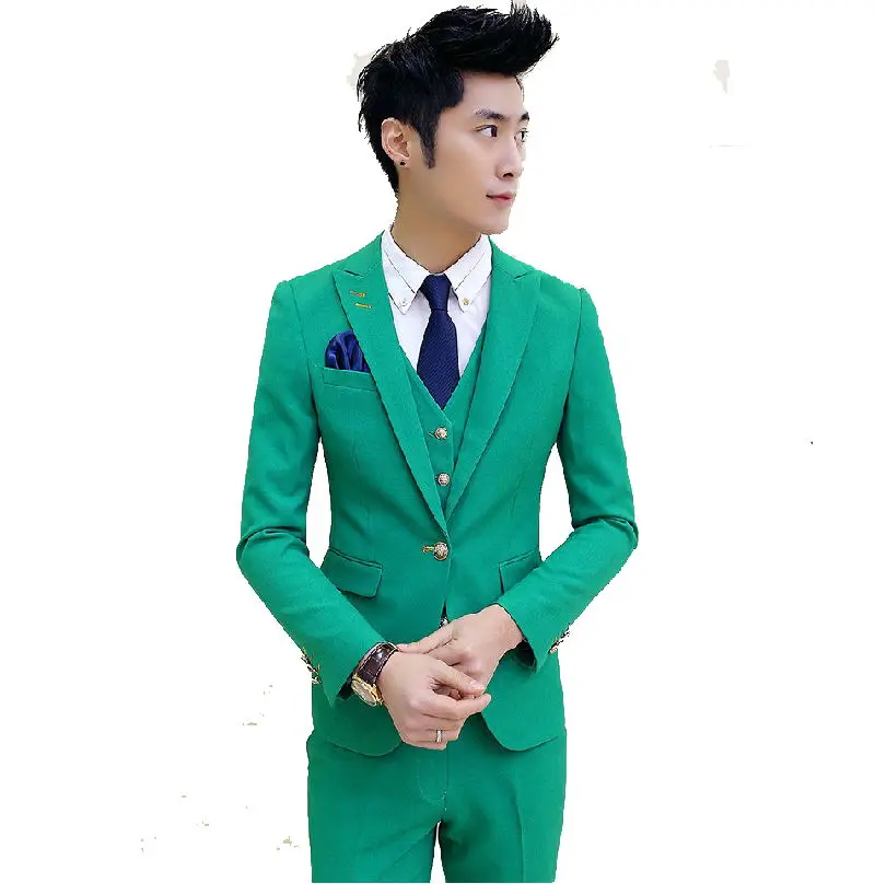 

2016 new spring High quality casual pure green color Single Breasted suit men,casual blazer,wedding dress,(Jackets+Pants+vest)