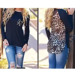 2018 женские леопардовые пикантные топы, блузки с длинными рукавами в стиле пэчворк повседневные футболки Женский Плюс Размеры свободные