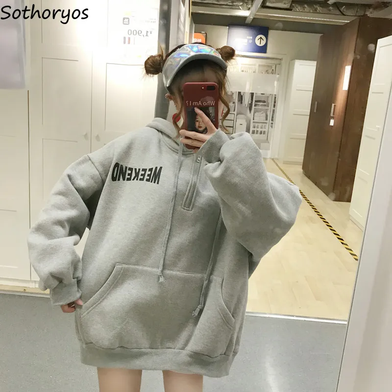 

Hoodies Women Letter Printed Hooded Big Pocket Thicker Plus Velvet Warm Oversize Sweatshirts Womens Korean Style High Quality