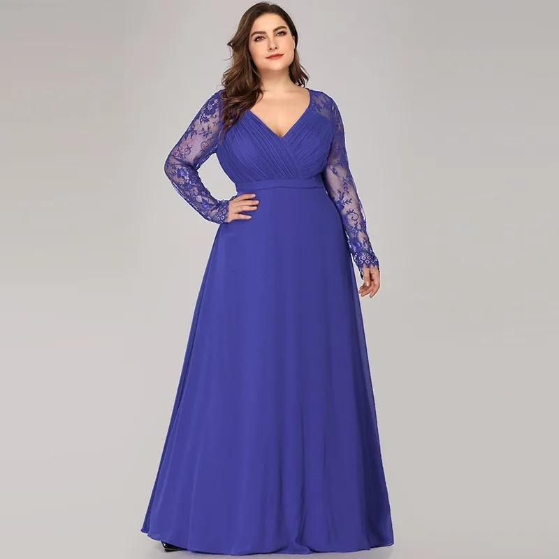Элегантные платья размера плюс для выпускного вечера Новые Красивые фиолетовые длинные кружевные шифоновые вечерние платья трапециевидной формы с длинным рукавом Robe De Soiree - Цвет: Spahiree Blue
