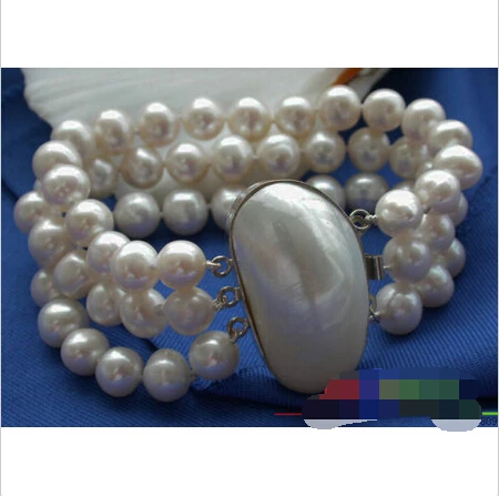 

AA++ 3ROW 8" 10mm ROUND WHITE CULTURED PEARL BRACELET MABE Noble style Natural Fine jewe Fast (D) SHIPPING