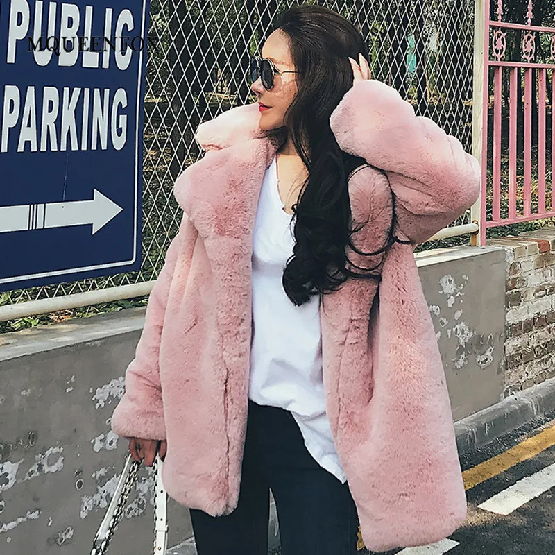 Женское пальто из искусственного меха большого размера, элегантное меховое пальто из кроличьего меха, женская утепленная розовая куртка из искусственного меха, теплая мягкая верхняя одежда из искусственного меха