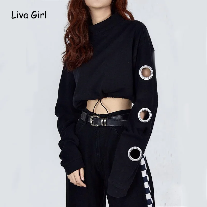 

Fashion Black Metal Ring Hollow Out Sweatshirt Long Sleeve O-neck Cropped Hoodie Women Moletom Feminino Streetwear Tops