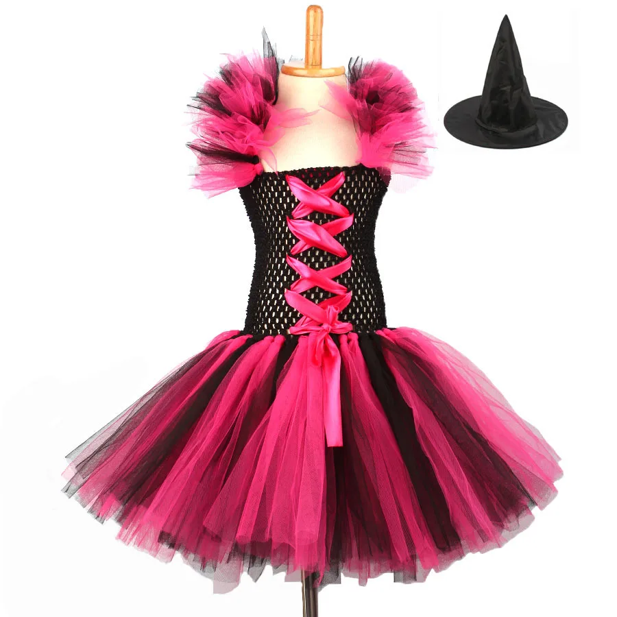 Платье-пачка ведьмы на Хэллоуин для девочек; карнавальный костюм ручной работы для детей; праздничные платья для выпускного вечера; детская одежда для фотосессии; нарядное платье - Цвет: dress and hat