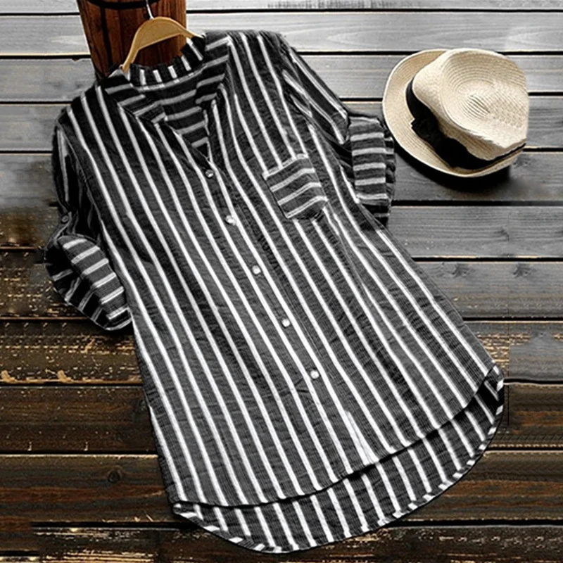 

plus size 5XL Women Striped Pattern V-Neck blouse Ladies Half Sleeve Blusa Loose Casual high low hem Cotton Tops ethnic design