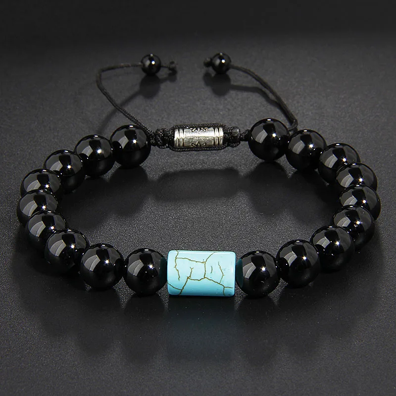 

Beaded Wrap Bracelet Men Macrame Braid Adjustable Hiphop Rock Lovers Gift Turquoises Stone Black Agates Howlite Distance Charm