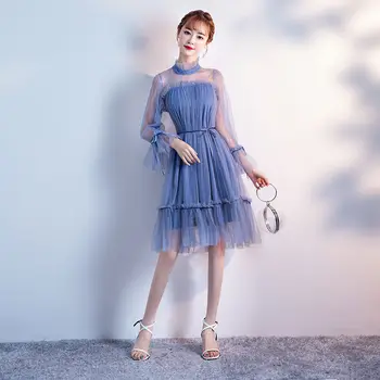 

Blue Elegant Dress Women for Wedding Party Sexy Elegant Long Sleeve Ladies Loose Casual Bow Princess Illusion Prom Vestidos
