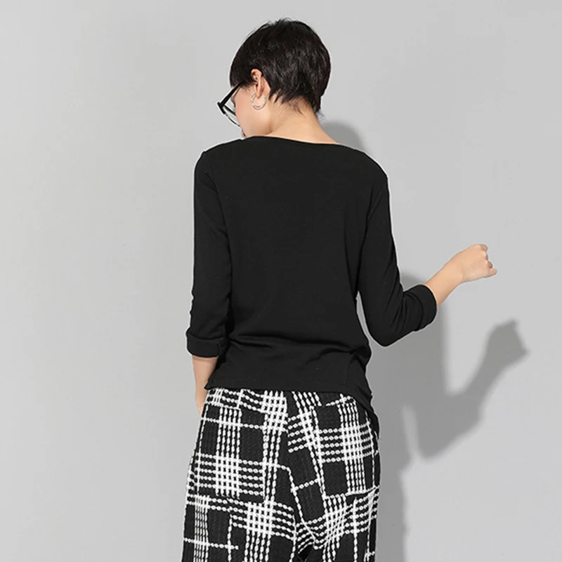 [EAM] новая осенне-зимняя черная свободная футболка с круглым вырезом и длинным рукавом с неровным узлом, женская модная футболка JR358