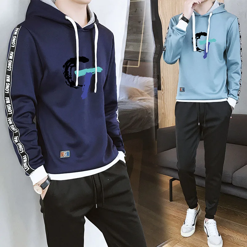 

Men's casual fashion sweatshirts polyester with spandex print hoodie sport hoody coat jogging two pcs set