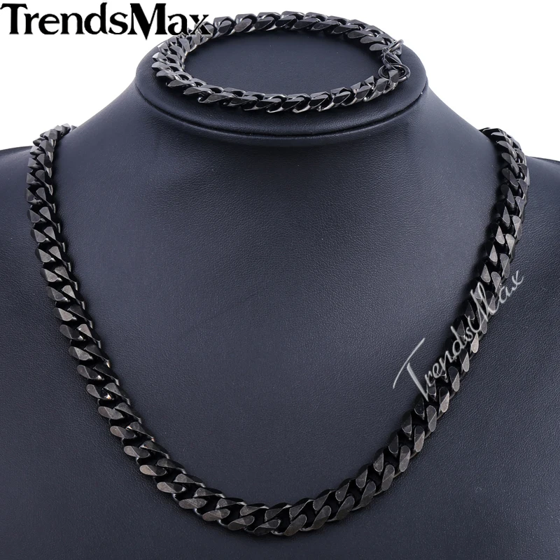 Trendsmax Brand Jewelry Set 11mm Gold/Black Color Men Chain Stainless Steel Necklace Bracelet Curb Link Fashion Hot KS201 KS203