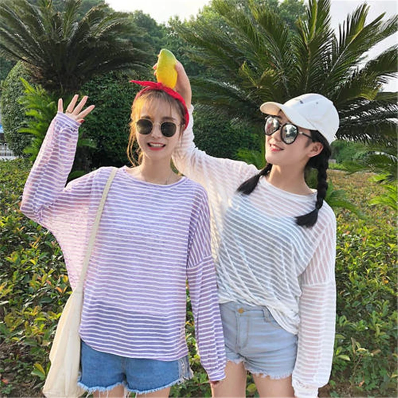 

HziriP 2018 New Summer Women Shirts Thin Long Sleeve Loose Striped Lady Sun Protection Clothes Blouse Female Casual O-Neck Tops