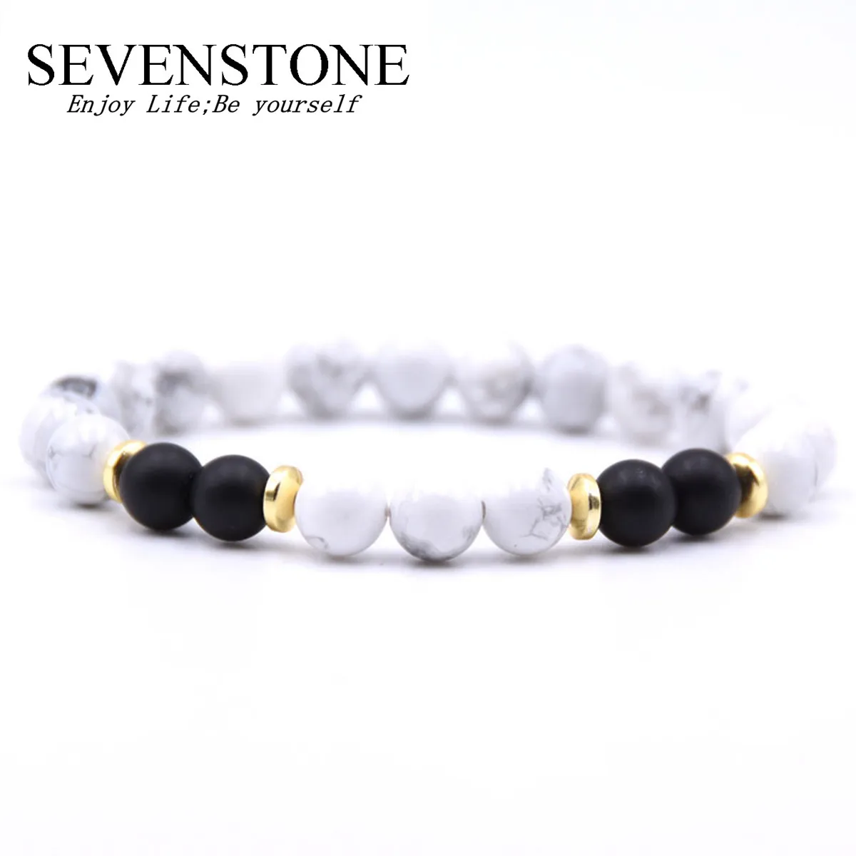 

SEVENSTONE 8MM Pop Jewelry Couple Bracelet Natural Stone Gold Alloy Bracelet for Men and Women To Send Gift Bags