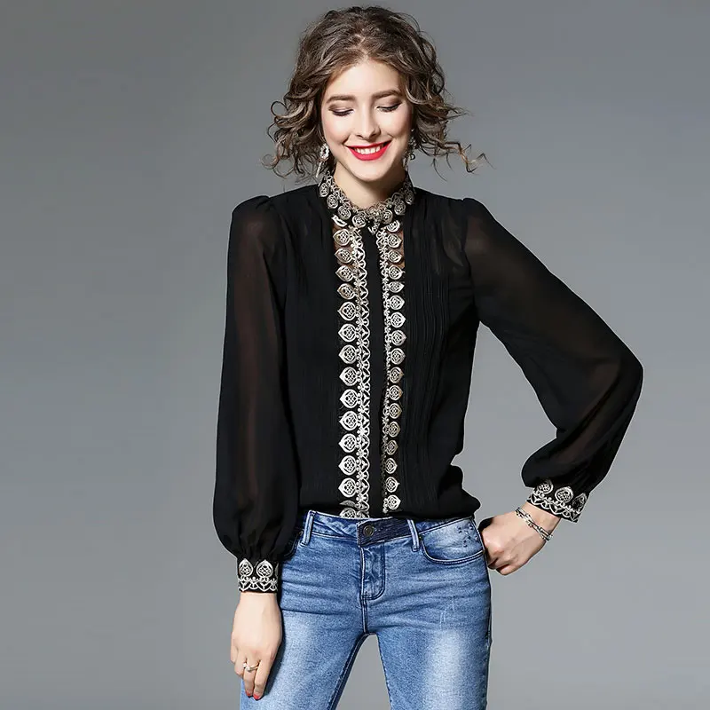  Borisovich Office Lady Elegant Chiffon Blouses New Brand 2018 Autumn Fashion Luxury Embroidery Wome