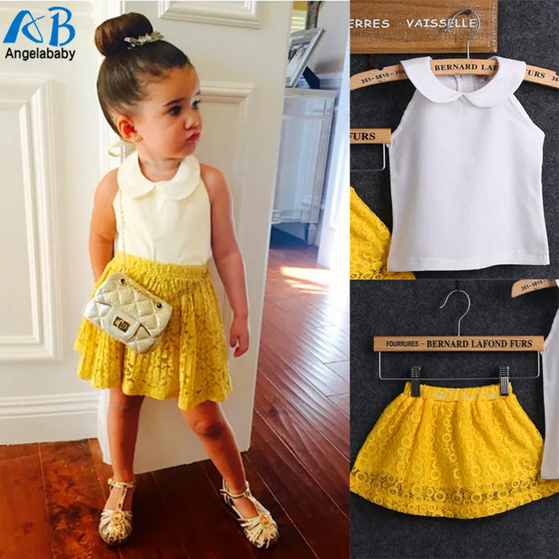 

JIOROMY Girls Sets Kid Baby Sleeveless Round Collar Top+Yellow Lace Skirts Suit Girls Outfits Princess girls clothing sets k1