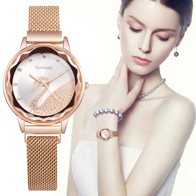 

GoGoey New Luxury reloj mujer Ladies Swan Pattern Design Dial Watches Elegant Womens Wrist Watch Quartz Clock relogio feminino