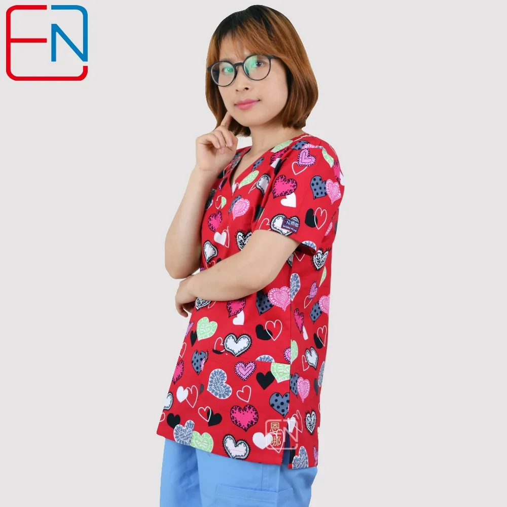 

Brand medical scrub tops for women surgical scrubs,scrub uniform in 100% print cotton maotou series ai xin