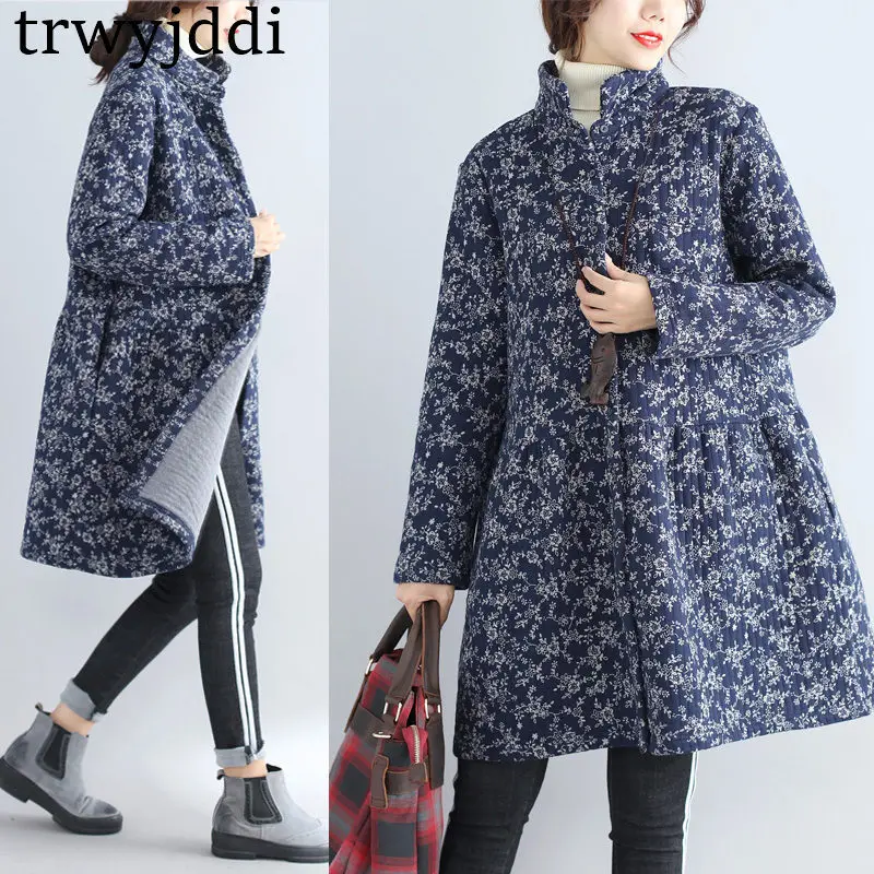 

2018 Autumn Winter New Retro blue and white porcelain literary loose Cotton long Jacket Plus Size Women Winter Coats A1285