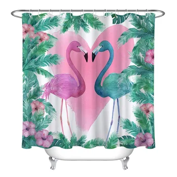 

LB Watercolor Shower Curtain Flamingo with Pink Heart And Palm Leaves Frame Love Waterproof Bathroom Fabric For Bathtub Decor