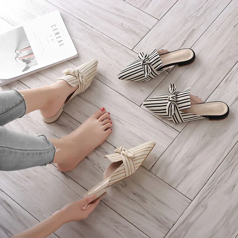 

Bailehou Flats Women Shoes Butterfly-knot Pointed Toe Gingham Slippers Slip On Mules Flip Flops Casual Outdoor Ladies Slippers