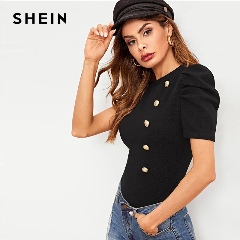 SHEIN Однотонный Топ С Коротким Рукавом И Пуговицами Стильная Блузка