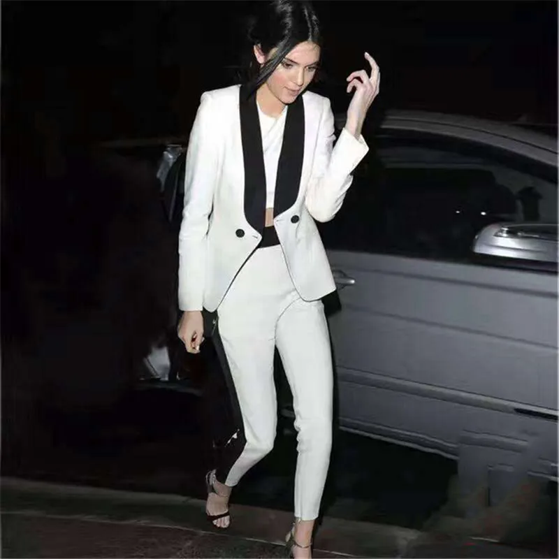

White / black women's pants suit dress suit casual ladies suit single buckle custom jacket pants