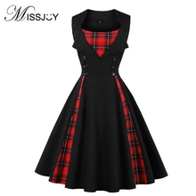 MISSJOY ropa pin up retro vintage 50s cuadros flor impresión Skater vestido Vestidos de verano 2019 sin mangas con cuello en V