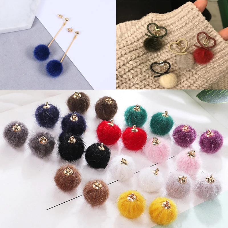 10pcs Fashion Colorful Mink Hair Fur Fan Shape Tassel Charm Round Plush Pompom Ball Beads Pendant for DIY Earring Jewelry Making